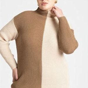 Eloquii NWT Ribbed Mock Neck Sweater Colorblock Tan & Cream Plus Size 22/24